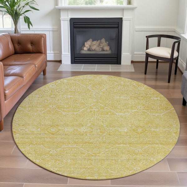 HomeRoots 8' X 8' Gold And Ivory Floral Round Rug - Washable, UV Protected, Stain Resistant for Easy Care 691755