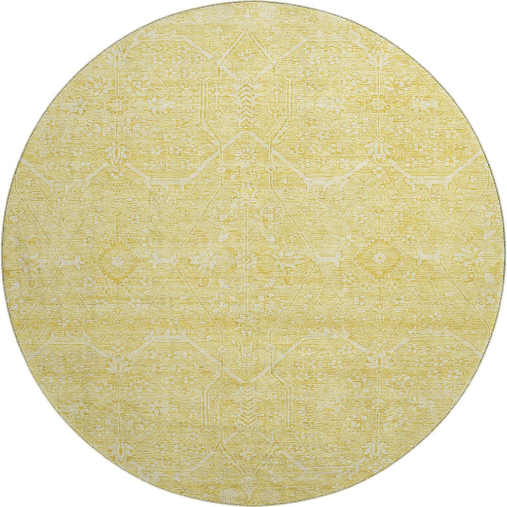 HomeRoots 8' X 8' Gold And Ivory Floral Round Rug - Washable, UV Protected, Stain Resistant for Easy Care 691755