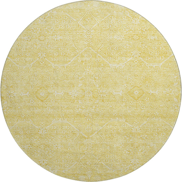 HomeRoots 8' X 8' Gold And Ivory Floral Round Rug - Washable, UV Protected, Stain Resistant for Easy Care 691755