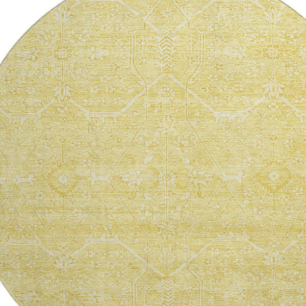HomeRoots 8' X 8' Gold And Ivory Floral Round Rug - Washable, UV Protected, Stain Resistant for Easy Care 691755
