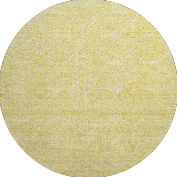 HomeRoots 8' X 8' Gold And Ivory Floral Round Rug - Washable, UV Protected, Stain Resistant for Easy Care 691755