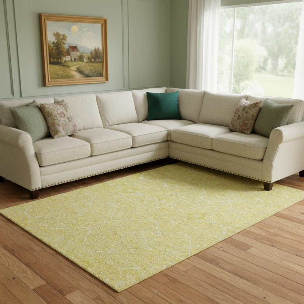 HomeRoots 8' Gold and Ivory Floral Washable Area Rug - Durable, UV-Protected, Easy-Care Luxury for Your Home 691756