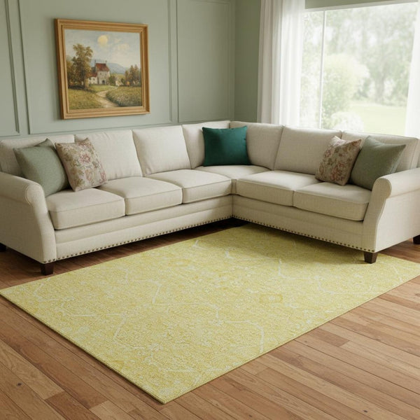 HomeRoots 8' Gold and Ivory Floral Washable Area Rug - Durable, UV-Protected, Easy-Care Luxury for Your Home 691756