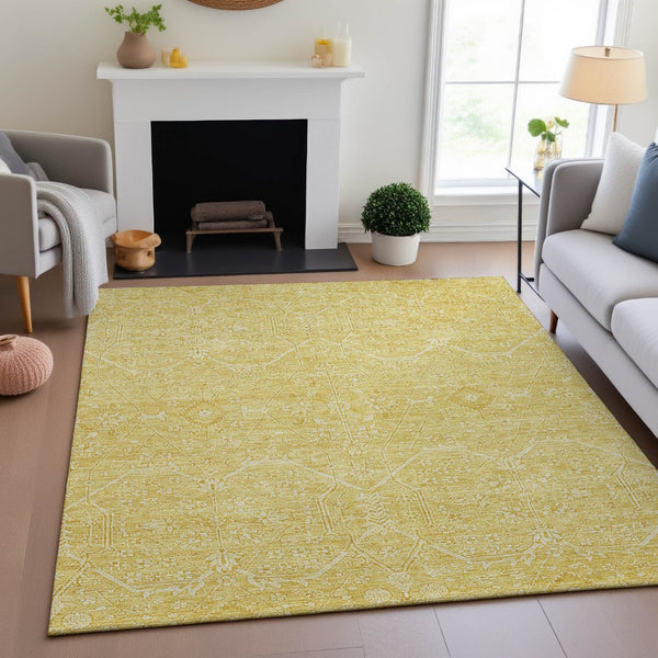 HomeRoots 9' X 12' Elegant Gold and Ivory Floral Area Rug - Stain Resistant, UV Protected, Easy Care Design! 691757