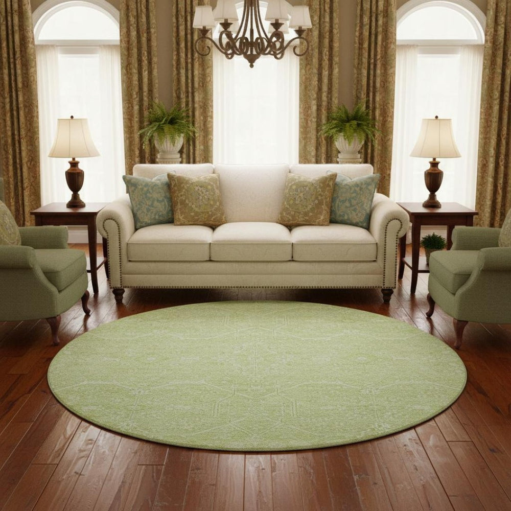 HomeRoots 8' X 8' Floral Washable Round Rug in Mint Green & Ivory - Durable, UV-Protected, Easy-Clean Design! 691761