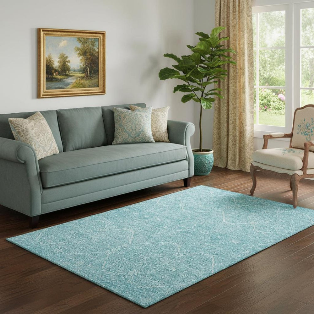 HomeRoots 5' X 8' Sky Blue & Ivory Floral Area Rug - Washable, UV Protected, Stain Resistant, Non-Slip Design! 691766