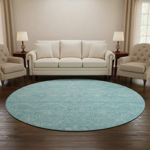 HomeRoots 8' Sky Blue & Ivory Floral Washable Round Rug - Durable, Stain Resistant, UV Protected & Soft Underfoot 691767