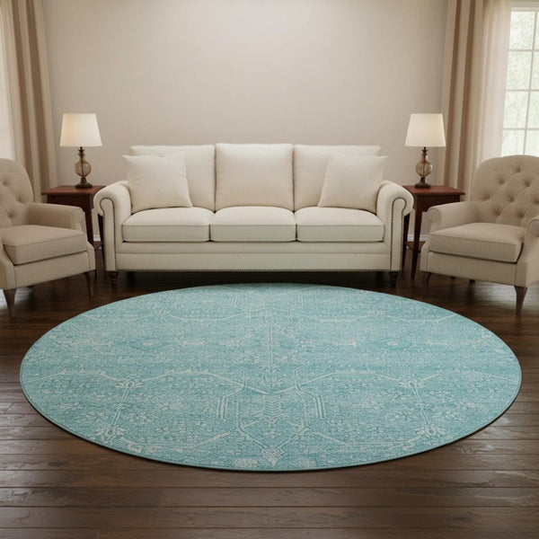 HomeRoots 8' Sky Blue & Ivory Floral Washable Round Rug - Durable, Stain Resistant, UV Protected & Soft Underfoot 691767