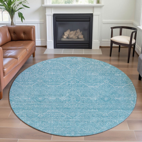 HomeRoots 8' Sky Blue & Ivory Floral Washable Round Rug - Durable, Stain Resistant, UV Protected & Soft Underfoot 691767
