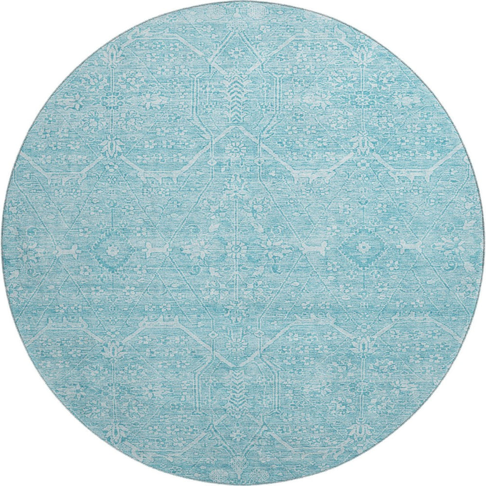 HomeRoots 8' Sky Blue & Ivory Floral Washable Round Rug - Durable, Stain Resistant, UV Protected & Soft Underfoot 691767