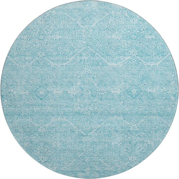 HomeRoots 8' Sky Blue & Ivory Floral Washable Round Rug - Durable, Stain Resistant, UV Protected & Soft Underfoot 691767