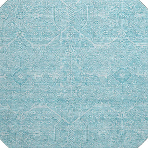 HomeRoots 8' Sky Blue & Ivory Floral Washable Round Rug - Durable, Stain Resistant, UV Protected & Soft Underfoot 691767