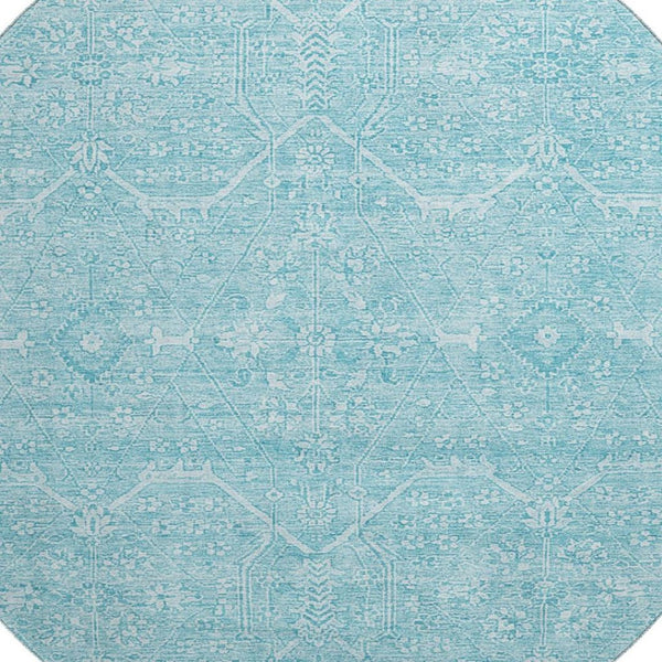 HomeRoots 8' Sky Blue & Ivory Floral Washable Round Rug - Durable, Stain Resistant, UV Protected & Soft Underfoot 691767