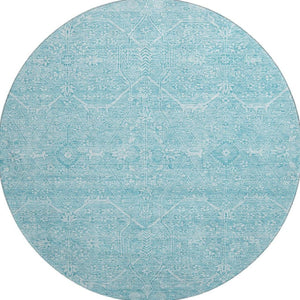 HomeRoots 8' Sky Blue & Ivory Floral Washable Round Rug - Durable, Stain Resistant, UV Protected & Soft Underfoot 691767
