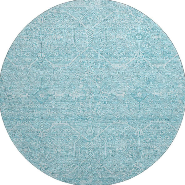 HomeRoots 8' Sky Blue & Ivory Floral Washable Round Rug - Durable, Stain Resistant, UV Protected & Soft Underfoot 691767