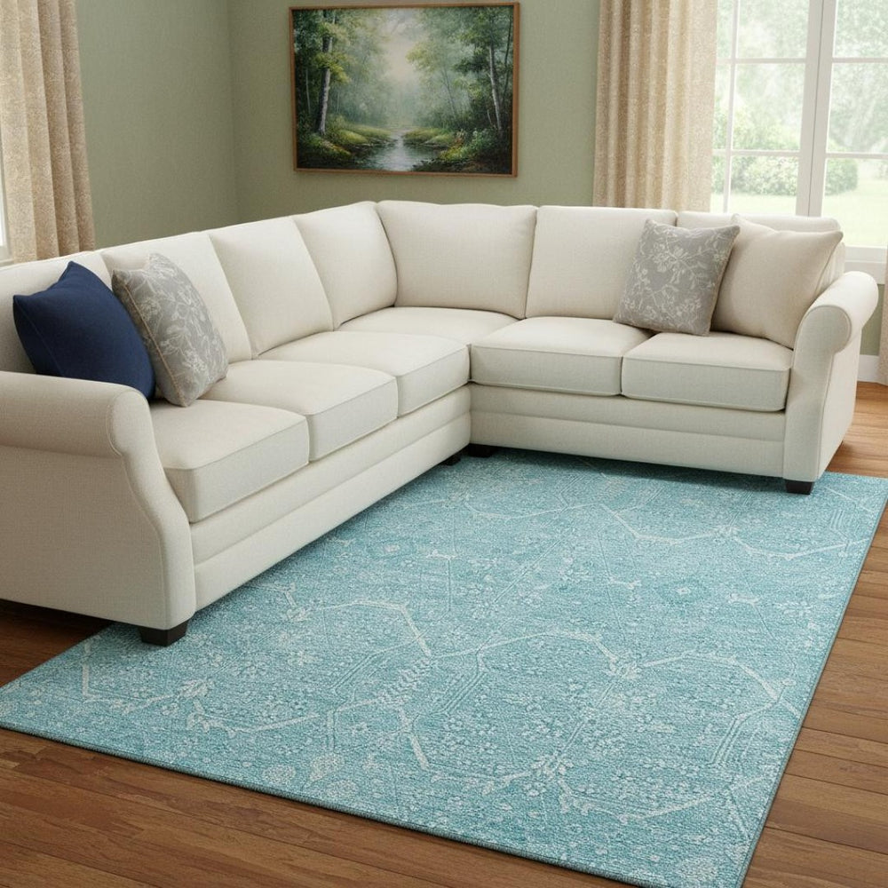 HomeRoots 8' Sky Blue & Ivory Floral Washable Area Rug - Durable, UV-Protected, Perfect for Homes with Kids & Pets 691768