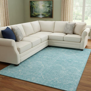 HomeRoots 8' Sky Blue & Ivory Floral Washable Area Rug - Durable, UV-Protected, Perfect for Homes with Kids & Pets 691768