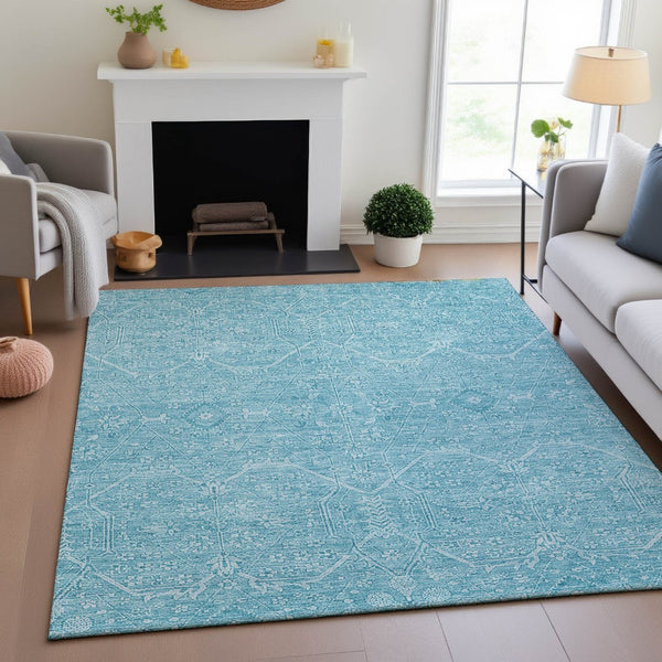 HomeRoots 9' X 12' Sky Blue and Ivory Floral Area Rug - Washable, Stain Resistant, UV Protected for Durability 691769
