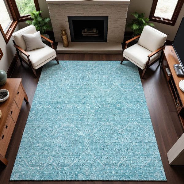 HomeRoots 9' X 12' Sky Blue and Ivory Floral Area Rug - Washable, Stain Resistant, UV Protected for Durability 691769