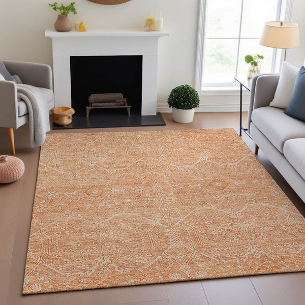 HomeRoots 5' X 8' Salmon and Ivory Floral Area Rug – Washable, UV-Protected, Pet-Friendly Home Decor Piece 691772