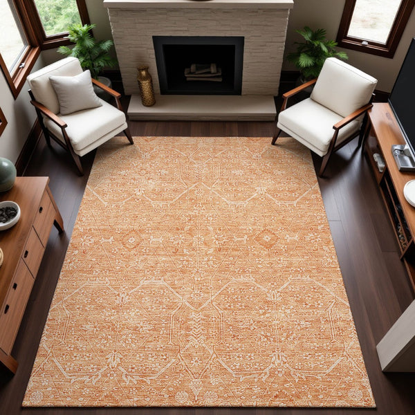 HomeRoots 5' X 8' Salmon and Ivory Floral Area Rug – Washable, UV-Protected, Pet-Friendly Home Decor Piece 691772