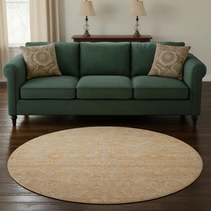 HomeRoots 8' X 8' Salmon and Ivory Floral Washable Round Rug - Durable, UV-Protected, Perfect for Any Room! 691773