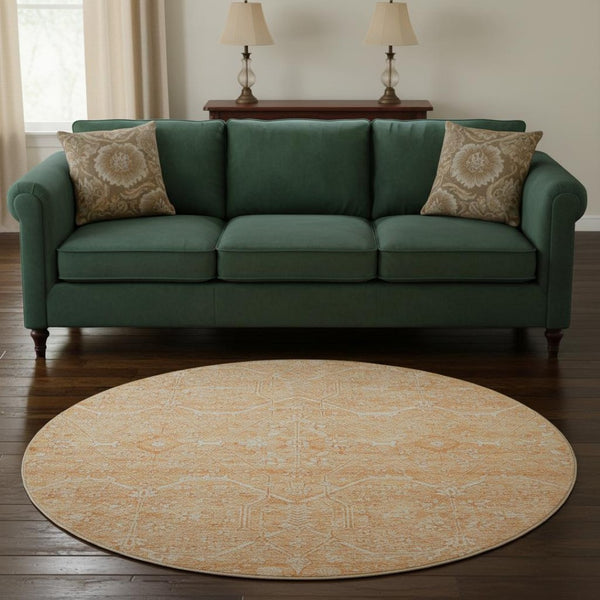 HomeRoots 8' X 8' Salmon and Ivory Floral Washable Round Rug - Durable, UV-Protected, Perfect for Any Room! 691773