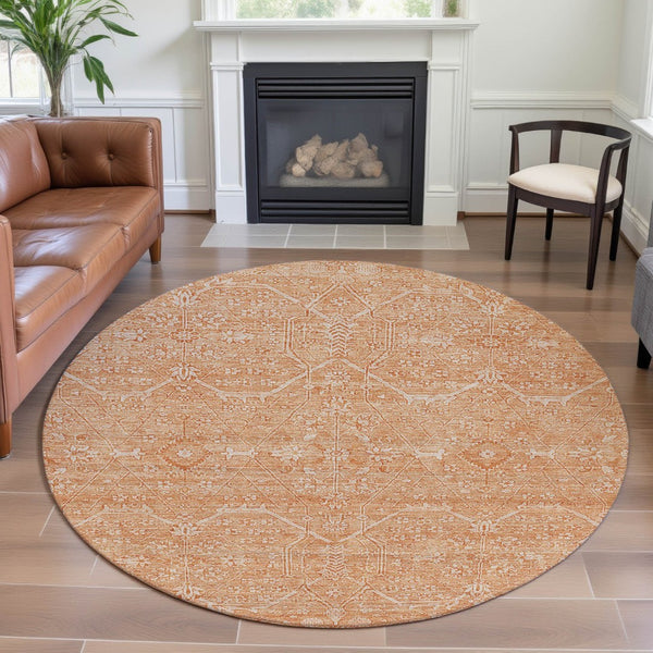 HomeRoots 8' X 8' Salmon and Ivory Floral Washable Round Rug - Durable, UV-Protected, Perfect for Any Room! 691773
