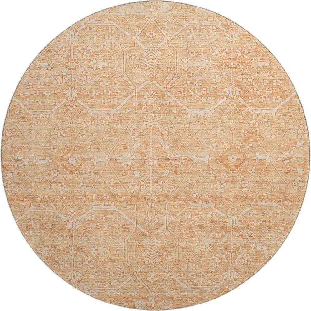 HomeRoots 8' X 8' Salmon and Ivory Floral Washable Round Rug - Durable, UV-Protected, Perfect for Any Room! 691773