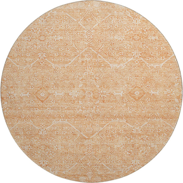 HomeRoots 8' X 8' Salmon and Ivory Floral Washable Round Rug - Durable, UV-Protected, Perfect for Any Room! 691773