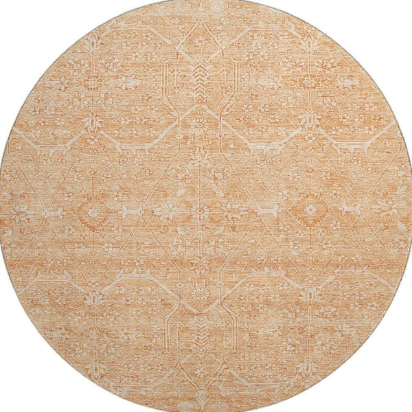 HomeRoots 8' X 8' Salmon and Ivory Floral Washable Round Rug - Durable, UV-Protected, Perfect for Any Room! 691773