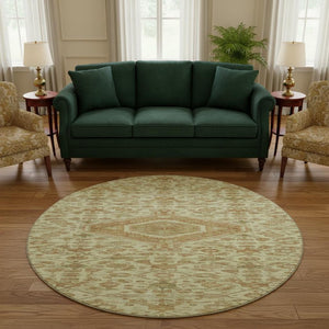 HomeRoots 8' X 8' Washable Floral Round Rug with UV Protection - Elegant Beige, Rust & Green Design for Homes 691779