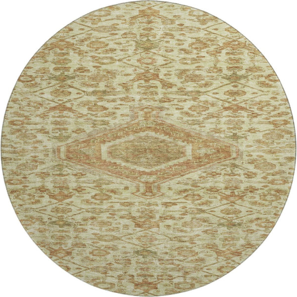 HomeRoots 8' X 8' Washable Floral Round Rug with UV Protection - Elegant Beige, Rust & Green Design for Homes 691779