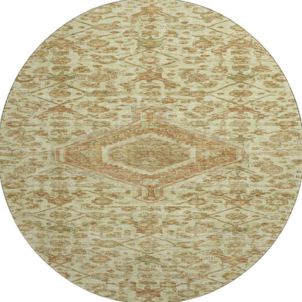 HomeRoots 8' X 8' Washable Floral Round Rug with UV Protection - Elegant Beige, Rust & Green Design for Homes 691779