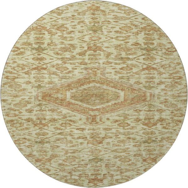 HomeRoots 8' X 8' Washable Floral Round Rug with UV Protection - Elegant Beige, Rust & Green Design for Homes 691779