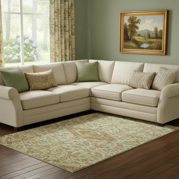 HomeRoots 8' Beautiful Beige Floral Area Rug in Rust & Artichoke Green - Washable, UV Protected, Durable Design 691780