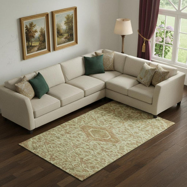 HomeRoots 9' X 12' Floral Washable Area Rug - Beige, Rust & Green, Stain Resistant with UV Protection & Durability 691781