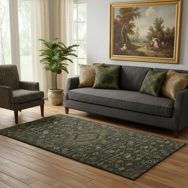 HomeRoots 5' X 8' Stylish Charcoal Olive Green Floral Area Rug - Washable, UV Protected & Stain Resistant! 691784