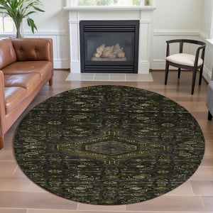 HomeRoots 8' Charcoal Olive Green & Silver Floral Washable Round Rug - UV Protected, Durable & Stylish Home Decor 691785