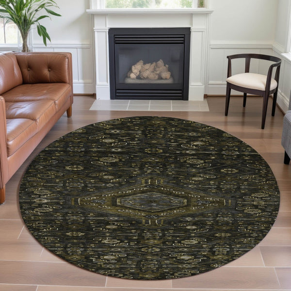 HomeRoots 8' Charcoal Olive Green & Silver Floral Washable Round Rug - UV Protected, Durable & Stylish Home Decor 691785