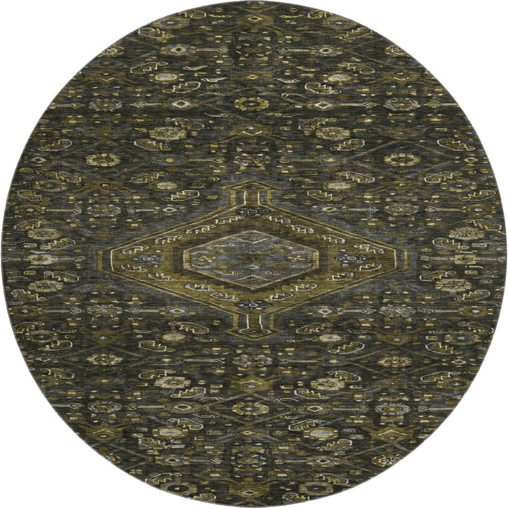HomeRoots 8' Charcoal Olive Green & Silver Floral Washable Round Rug - UV Protected, Durable & Stylish Home Decor 691785