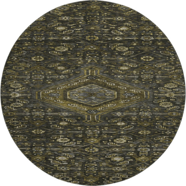 HomeRoots 8' Charcoal Olive Green & Silver Floral Washable Round Rug - UV Protected, Durable & Stylish Home Decor 691785
