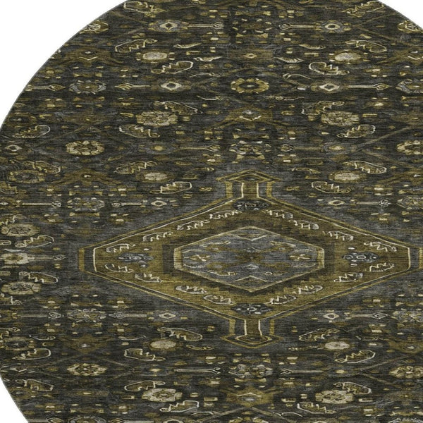 HomeRoots 8' Charcoal Olive Green & Silver Floral Washable Round Rug - UV Protected, Durable & Stylish Home Decor 691785