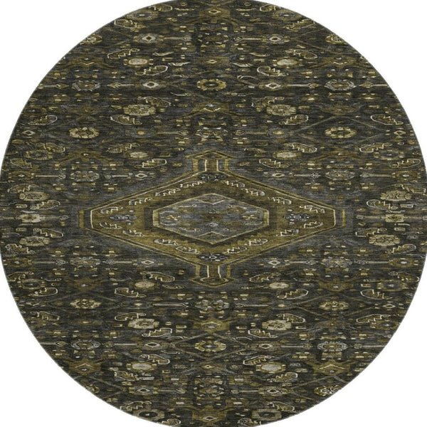 HomeRoots 8' Charcoal Olive Green & Silver Floral Washable Round Rug - UV Protected, Durable & Stylish Home Decor 691785