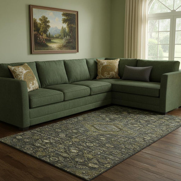 HomeRoots 8' Charcoal Olive Green Floral Area Rug – Washable, UV Protected & Stain Resistant for High Traffic Areas 691786