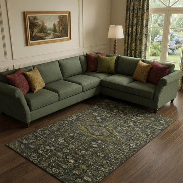 HomeRoots 9' X 12' Elegant Charcoal Olive Green Floral Area Rug – Washable, Stain-Resistant & UV Protected! 691787