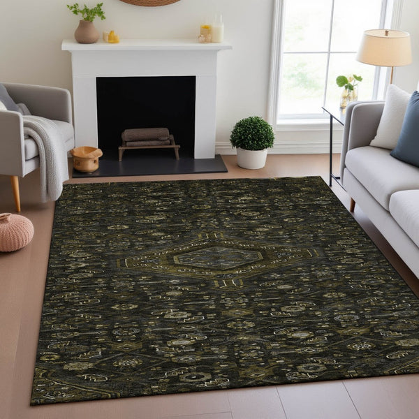 HomeRoots 9' X 12' Elegant Charcoal Olive Green Floral Area Rug – Washable, Stain-Resistant & UV Protected! 691787