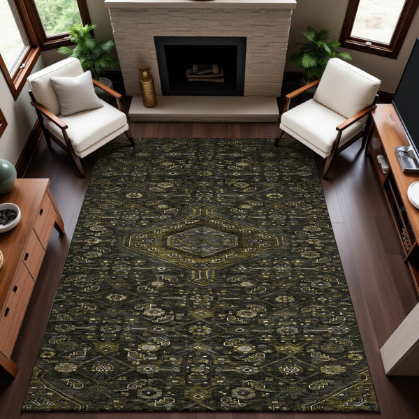 HomeRoots 9' X 12' Elegant Charcoal Olive Green Floral Area Rug – Washable, Stain-Resistant & UV Protected! 691787