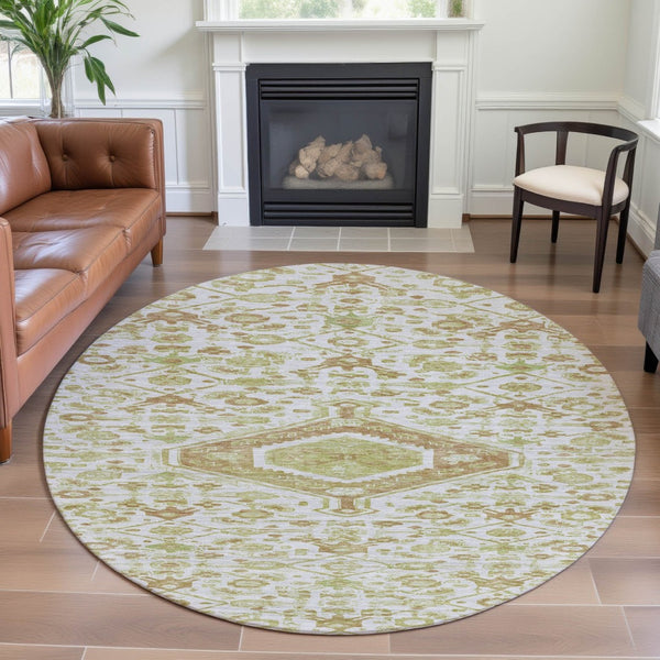 HomeRoots 8' X 8' Washable Round Rug – Elegant Floral Design in Ivory, Salmon & Green with UV Protection 691791