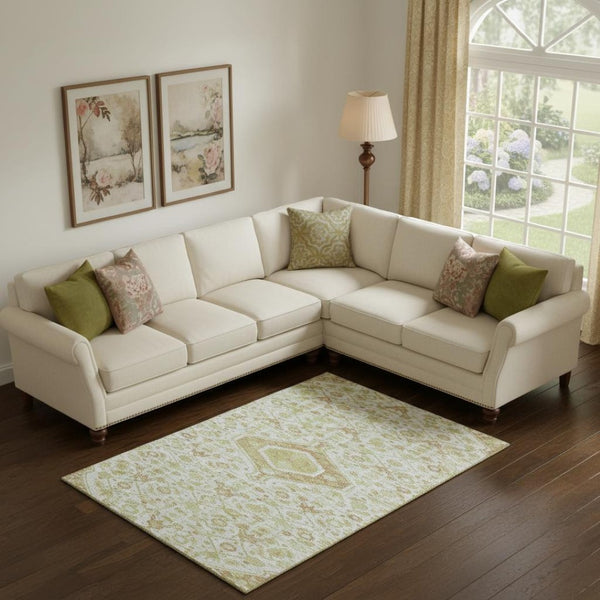 HomeRoots 9' X 12' Floral Area Rug in Ivory, Salmon & Artichoke Green – Washable, UV Protected & Stain Resistant! 691793